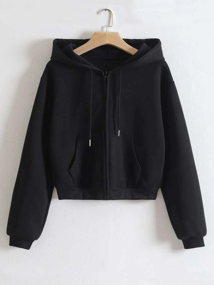 Zip Up Drawstring Thermal Lined Crop Hoodie