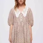 Embroidered Collar Printed Linen Dress