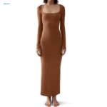 Women Long-sleeved Solid Color Dress